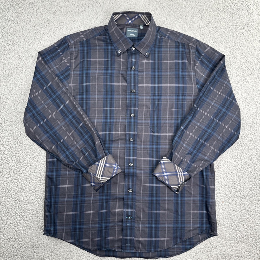 Leo Chevalier Button Down Shirt Men Medium Black Watch Plaid Non Iron Flip Cuff